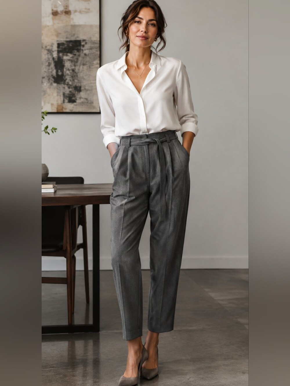 RW&CO. Belted Grey High-Waist Paperbag Trousers